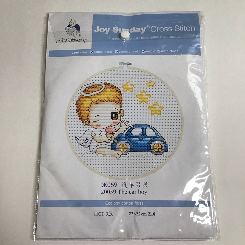 Baby Boy Angel Cross Stitch Kit Blue The Car Boy Joy Sunday Nursery Decor NEW - Picture 2 of 4